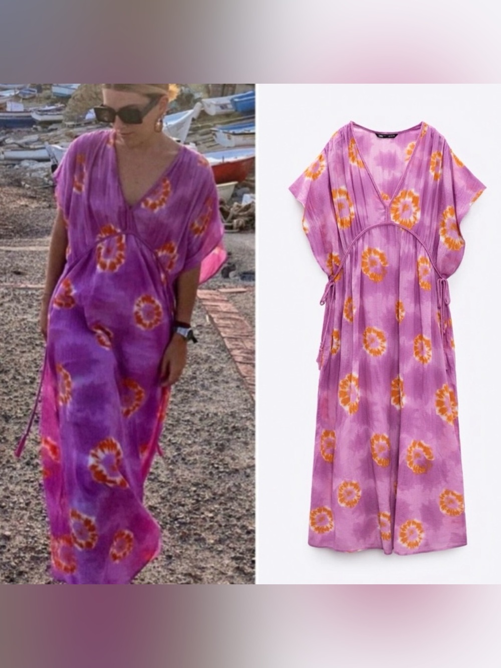 Zara Purple Tie-Dye Crinkle Maxi Dress with Orange Floral Motif Size M/L